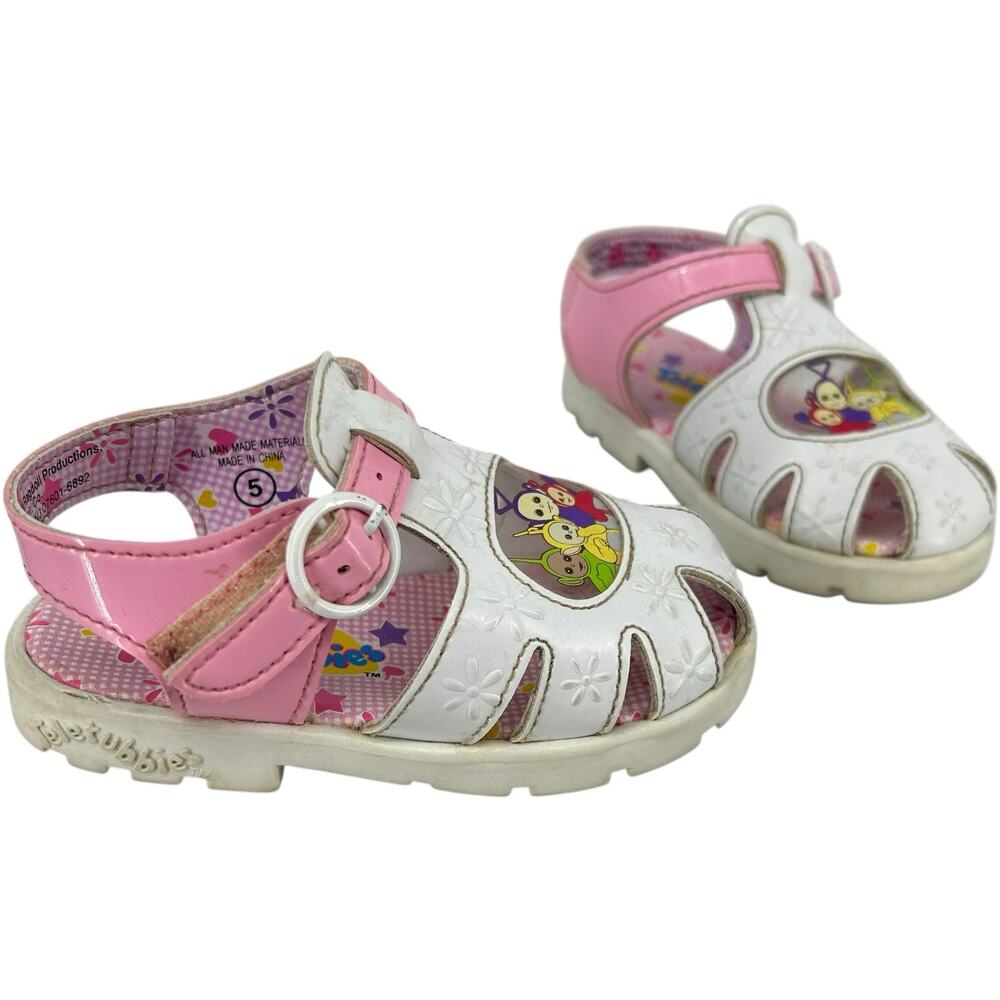 VTG 90s 1999 Baby Toddler Girls White Pink Floral Teletubbies Sandal Shoes Sz 5